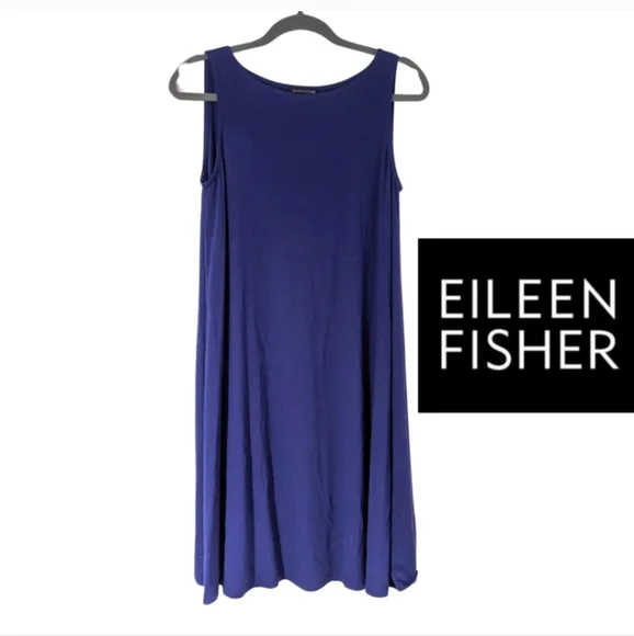 Eileen Fisher Blue Sleeveless Flowy Dress Vacation Beach Travel Cobalt Navy - Picture 1 of 4